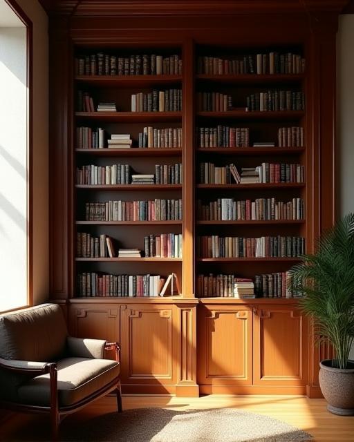 Detalle arquitectónico de una oficina con libros y luz natural en Coyoacán.